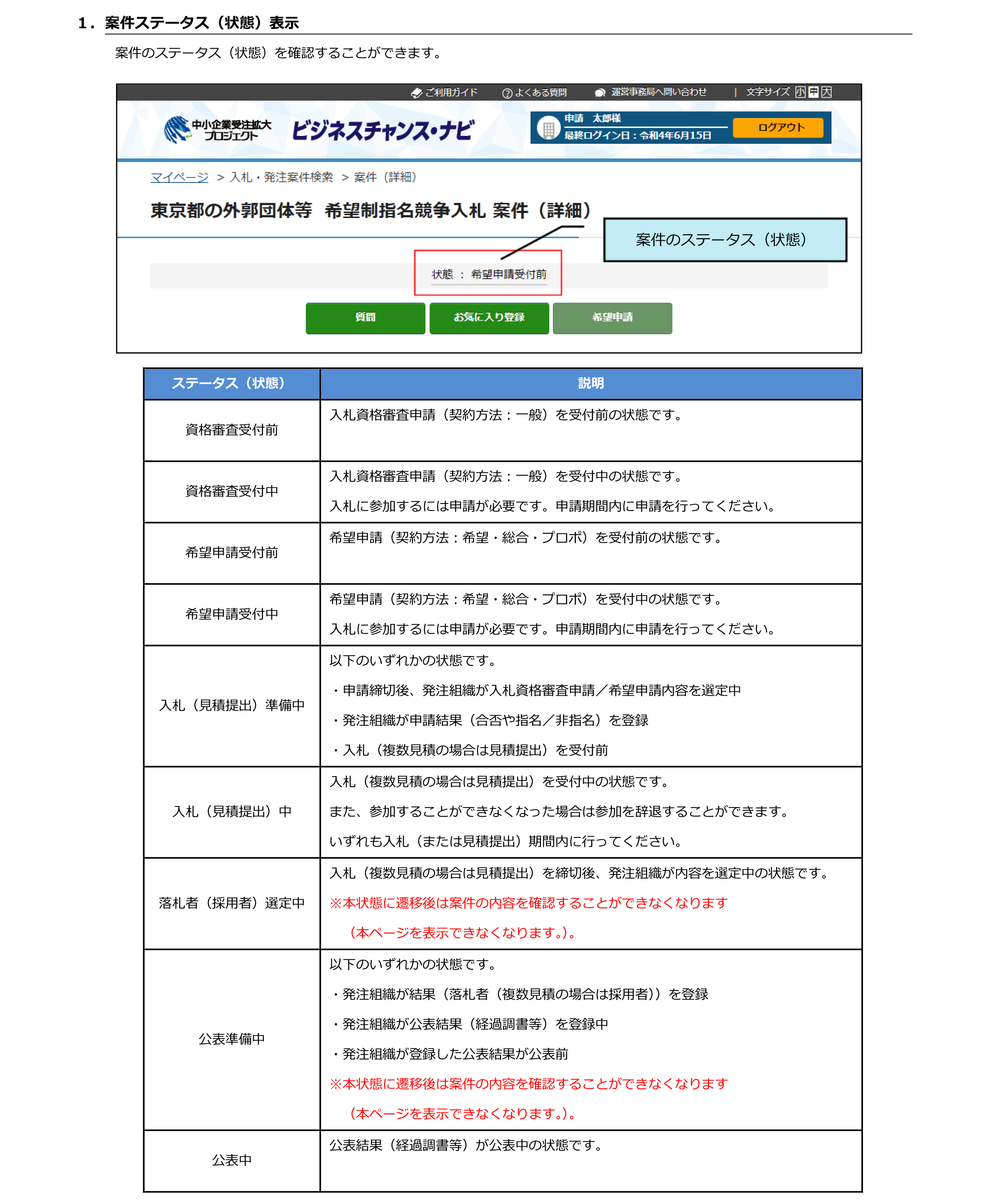 操作例 入札・発注案件表示ページの操作